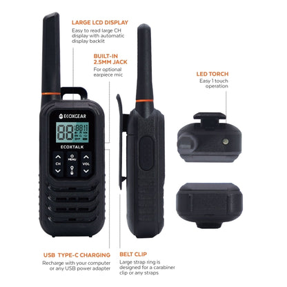 ECOXTALK EXG100 1-Watt IP54 Handheld UHF Radio Twin Pack (7km)